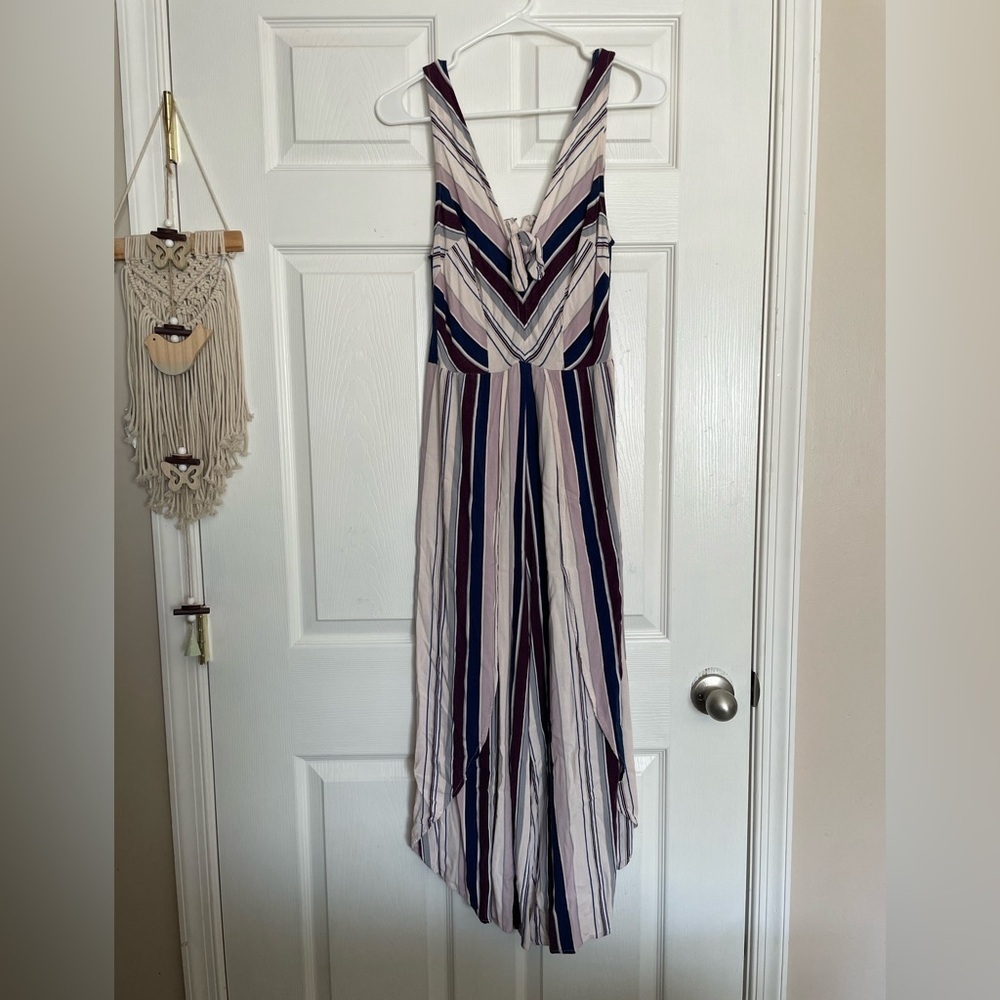 Xhiliration size XS Striped V-Neck Wide-Leg Jumpsuit in Purple, Cream and Navy